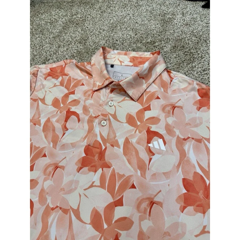 Adidas Performance Golf Polo Shirt Men’s L Floral Orange Triple Stripe Stretch